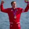 Canada's Mark de Jonge celebrates during the victory ceremony after winning a bronze medal in the K-1 200m at the 2012 London Olympic Games, August 11, 2012. The podium victory brought Canada even with its medal tally at the 2008 Beijing Games at 18. (COC Photo: Jason Ransom)